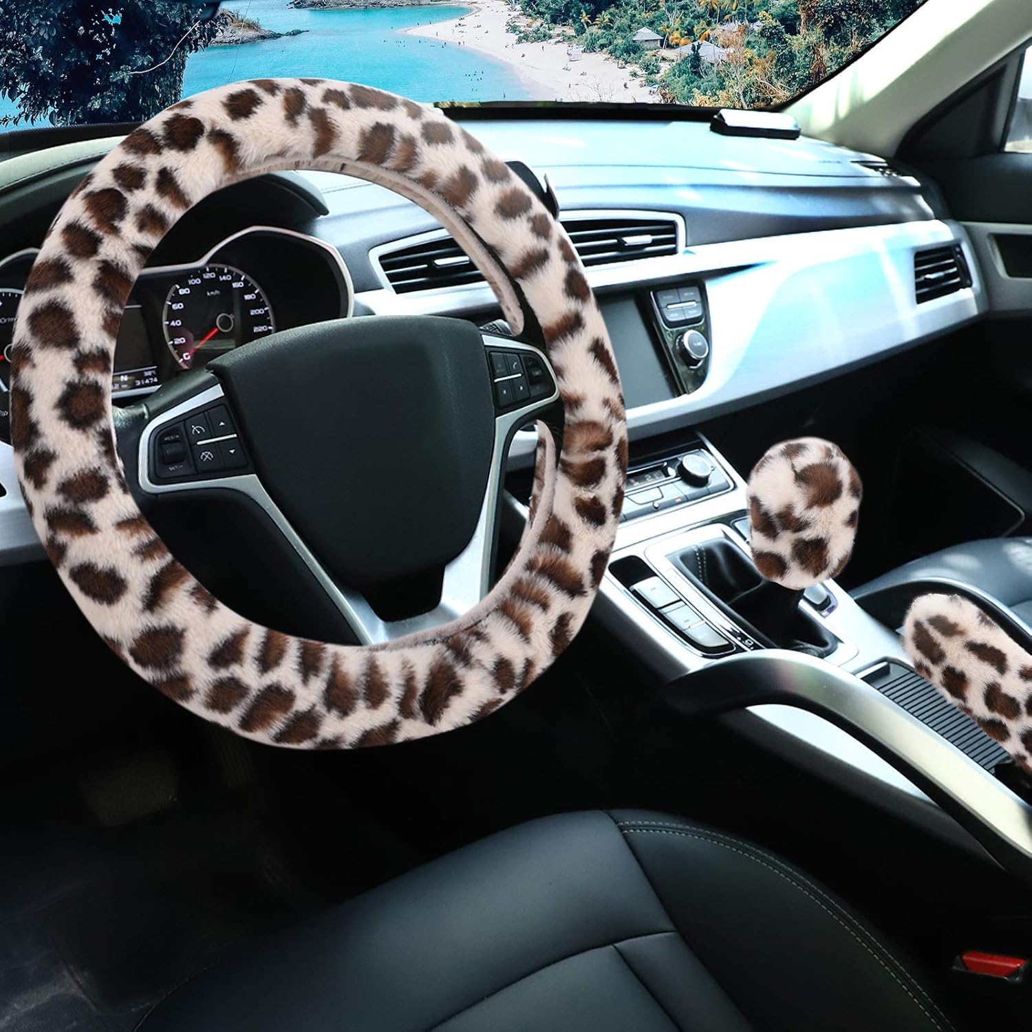 Fuzzy Leopard Steering Wheel Cover Set